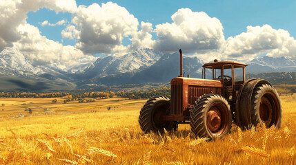 Obraz premium A charming image of a vintage tractor parked in a golden field, surrounded by the beauty of harvest time.