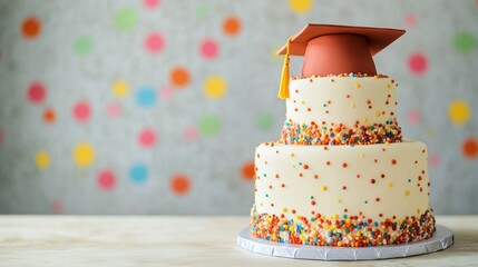 A celebratory graduation cake with colorful sprinkles and a graduation cap on top.