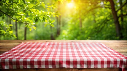 Empty wooden table with tablecloth ready for picnic in the garden