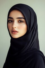 Naklejka premium Elegant Portrait of Woman in Black Hijab Against Mint