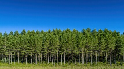 Obraz premium A lush green pine forest stands tall against a clear blue sky.