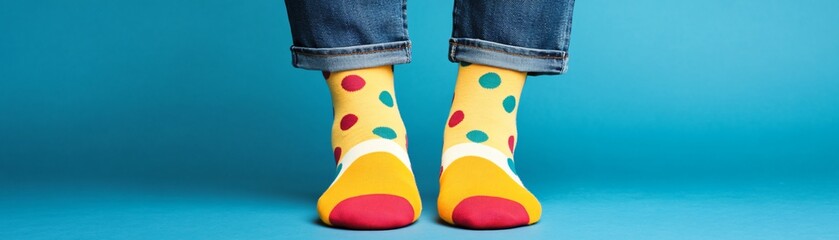  Fun polka-dot socks peeking out from under jeans, playful National Sock Day style.