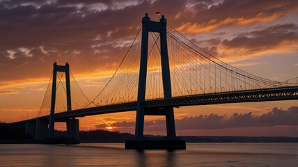 Obraz premium A silhouette of a suspension bridge against a vibrant sunset sky.