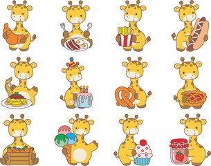 Set Vector Stock Illustrations Isolated of Baby Giraffe.
Cute giraffe animals with various activities.
Funny sticker of Giraffe animal kids.