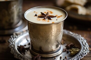A Glass of Spiced Milk with Star Anise in a Silver Cup