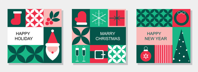 A collection of Christmas greeting cards featuring geometric mosaic banners with traditional holiday symbols. Perfect for festive greetings and seasonal designs in vector style. © Mariana