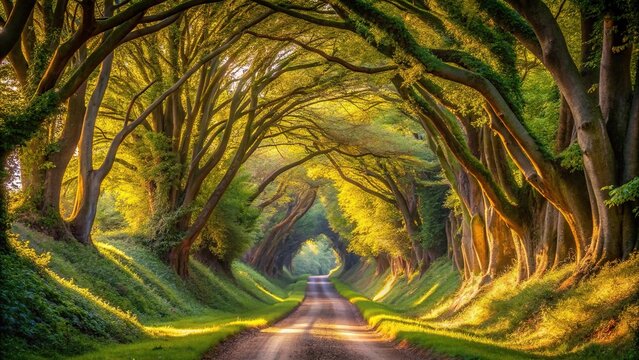 Enchanting tree tunnel in Halnaker Forest with sunlight filtering through, ancient road