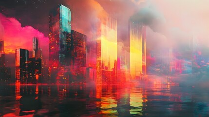 Fototapeta premium Vibrant Cityscape A Battlefield of Personified Concepts