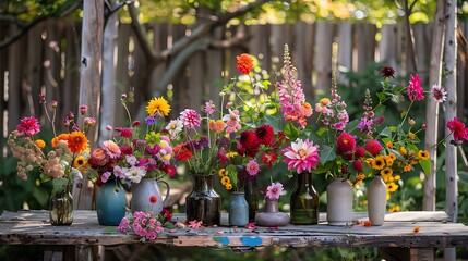 Bright the warmer months florals in vases on a rustic table in a backyard for sale