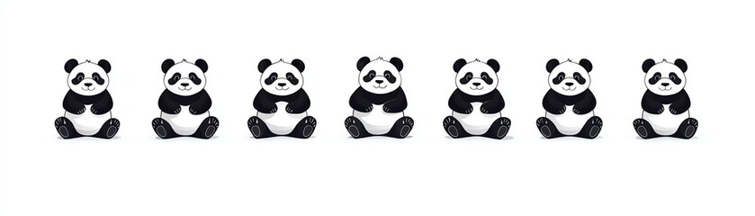 Fototapeta premium Adorable pandas in a row, white isolated background.