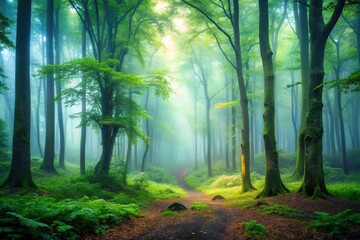 Obraz premium Enigmatic forest with misty ambiance in a serene and tranquil woodland environment reflected