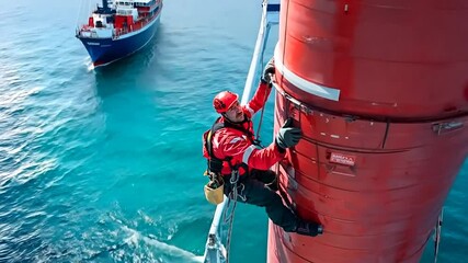 Daring worker scales a tall, colorful wind turbine surrounded by ocean waters. Vibrant safety gear ensures his protection. Captivating drone-view photo for industrial use and adventure content. Genera