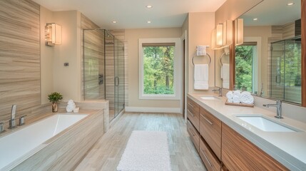 Modern bathroom with a bathtub, shower, double vanity, and large window with a view of trees.
