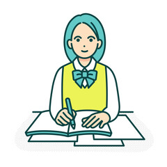 学校での授業風景。ノートをとる女の子。机に座り勉強する女子高生のイラスト。