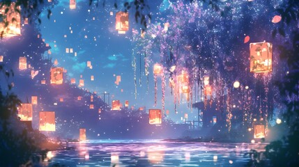 Obraz premium A serene anime-style evening scene with floating lanterns suspended amidst cascading vines. Soft glowing lights reflect off a tranquil pond below, creating a dreamy, ethereal ambiance.