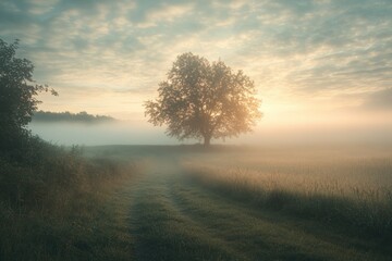 Obraz premium Misty Morning Landscape with Solitary Tree
