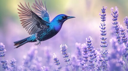 Obraz premium A vibrant bird in flight amidst blooming lavender flowers.