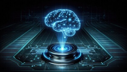 Futuristic AI Concept: Glowing Blue Brain Hologram Connected to Digital Platform, Representing Machine Learning, Neural Network Integration, and Advanced Data Processing Technology