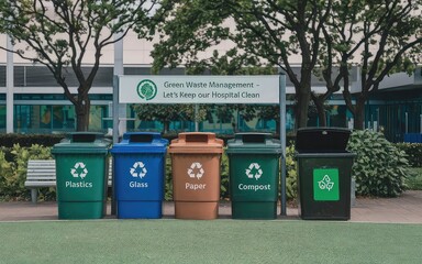 Five colorful recycling bins labeled for waste separation in a green outdoor setting, promoting sustainability and eco-friendly practices.