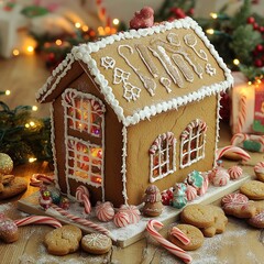 A beautifully decorated gingerbread house on a holiday-themed table, surrounded by Christmas cookies, candy canes