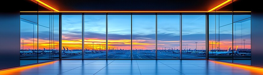 Fototapeta premium Airport Terminal Window View with Sunset and Airplanes