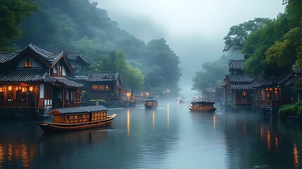 Fototapeta premium A misty morning scene of traditional Chinese buildings along a tranquil river, with boats gently floating in the water.