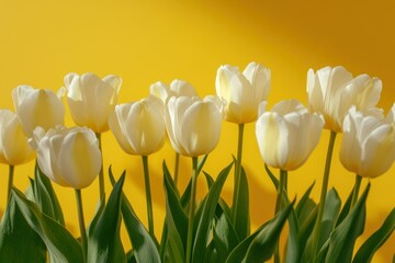 Obraz premium Delicate White Tulips Against Yellow Background