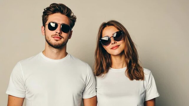 Stylish couple wearing sunglasses and plain white shirts, posing confidently against a neutral background