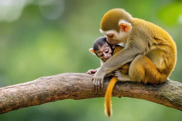 Obraz premium Two monkeys cuddling on a branch, showcasing affection in a natural setting.