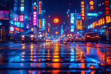 Naklejka premium Neon Reflections on Wet Pavement in a Rain-Soaked Cityscape