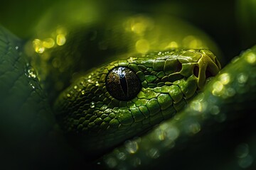 Fototapeta premium A close-up of a green snake's eye, showcasing its vibrant scales and intricate patterns.