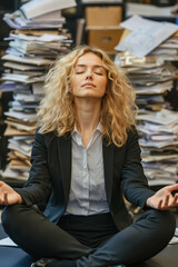 Fototapeta premium A woman in a business suit is meditating with her eyes closed, surrounded by stacks of papers