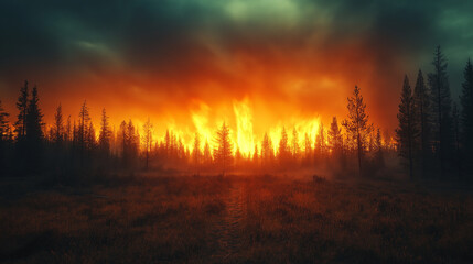 Obraz premium Raging wall of smoke coming from wildfire in forested valley area
