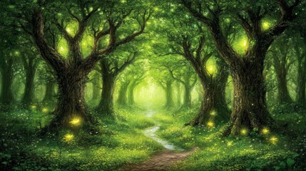 Enchanting Forest Path with Glowing Lights and Stream