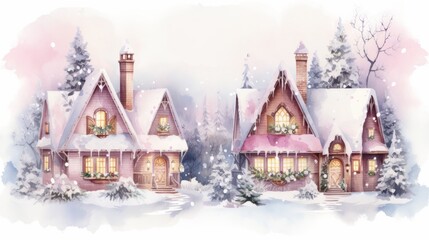 Fototapeta premium A painting depicting a snow-covered landscape with a house standing among snow-covered trees. Merry Christmas pink card.