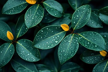 Fototapeta premium Dewdrops on Lush Green Leaves with a Single Yellow Leaf