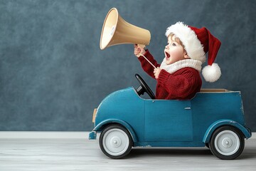 Child as Santa Claus Driving Blue Car with Megaphone in Simple Style - High-Resolution Side View Photo