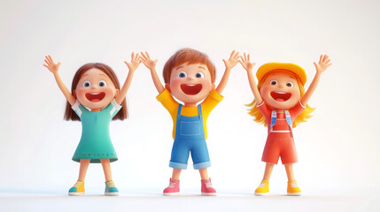 Three joyful children with raised hands, expressing happiness and excitement in a colorful, animated style.