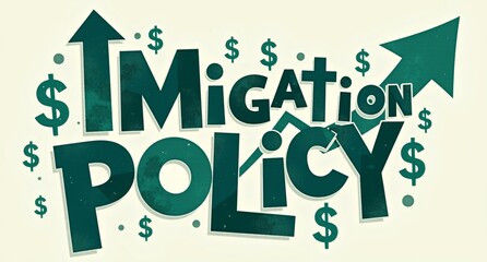 Obraz premium Immigration policy in teal and dark green with bold typography, dollar signs, and rising arrows, symbolizing strong economic growth. Texture overlays enhance spatial hierarchy.