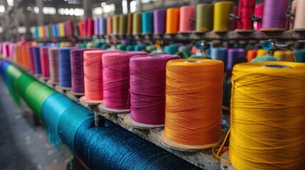 Vibrant Textile Dyeing Facility Showcasing a Spectrum of Colorful Threads in a Dynamic Environment