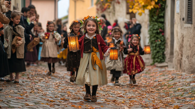 San Martino Festival, parade of children in traditional costumes carrying lanterns, cobbled streets typical of an old Italian village, autumn leaves falling everywhere, Ai generated images