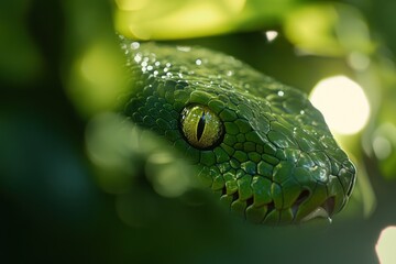 Fototapeta premium A close-up of a green snake's head peeking through leaves, showcasing its vibrant scales and eye.
