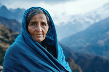 Elderly Woman in Blue Shawl Amidst Mountain Landscape
