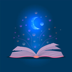 Fairytale book with open pages. Open magic book with light sparkles.