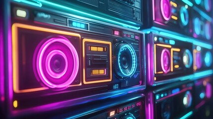 Fototapeta premium Neon Cassette Players with Colorful Graffiti Background