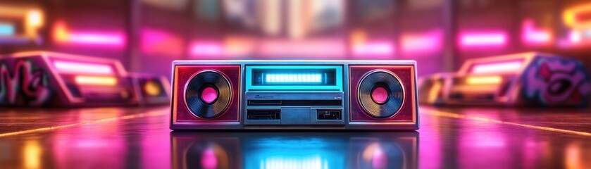Fototapeta premium Neon Boom Boxes with Cassette Tapes in Urban Setting