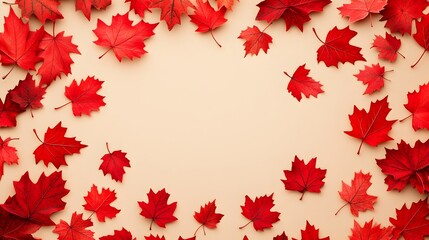 Obraz premium Vibrant Red Maple Leaves Scattered on Soft Beige Background with Copy Space