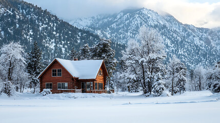 cozy cabin surrounded by snowy mountains creates serene winter landscape. wooden structure contrasts beautifully with white snow and towering trees, evoking sense of peace and tranquility