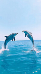 Wild dolphins jumping in the waves of the open ocean, close up.
