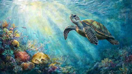 Obraz premium Colorful Sea Turtle Swimming in Vibrant Ocean Scene